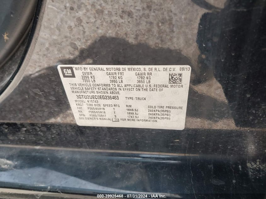 2014 GMC Sierra 1500 Sle VIN: 3GTU2UEC0EG236463 Lot: 39925468