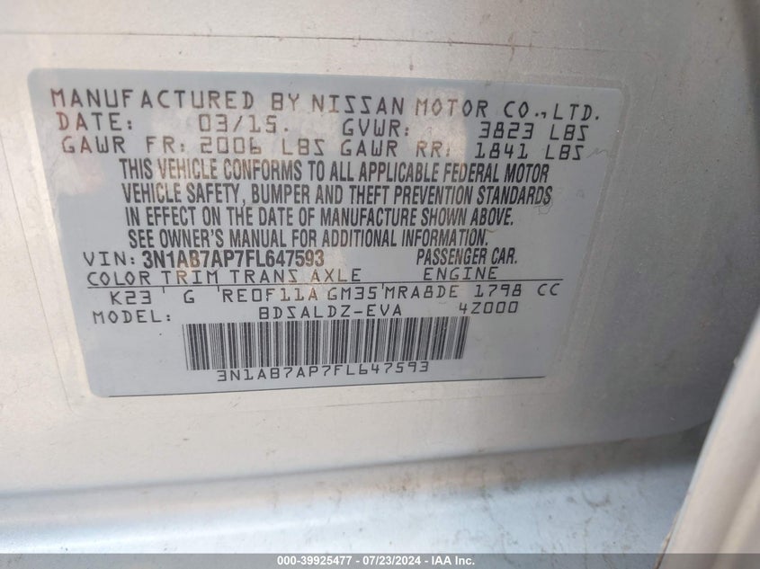 2015 Nissan Sentra Fe+ S/S/Sl/Sr/Sv VIN: 3N1AB7AP7FL647593 Lot: 39925477