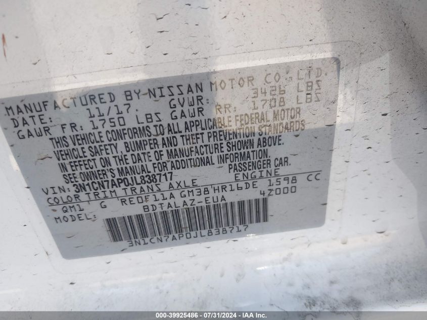 3N1CN7AP0JL838717 2018 Nissan Versa 1.6 S+