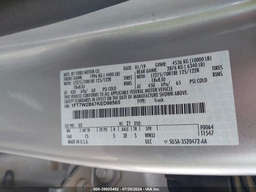 2019 Ford F250 Super Duty VIN: 1FT7W2B67KED98565 Lot: 39925492