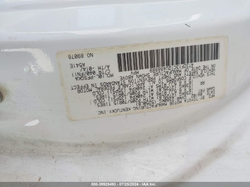 2002 Toyota Sienna Le VIN: 4T3ZF13C12U488889 Lot: 39925493