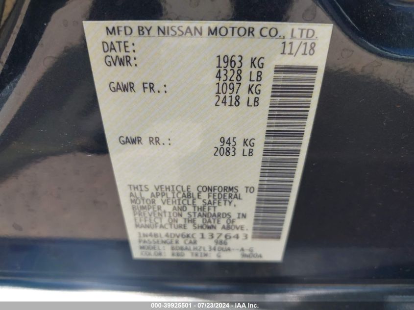 1N4BL4DV6KC137643 2019 Nissan Altima 2.5 Sv