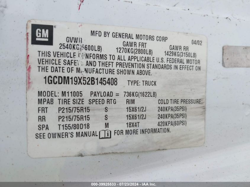 2002 Chevrolet Astro VIN: 1GCDM19X52B145408 Lot: 39925533