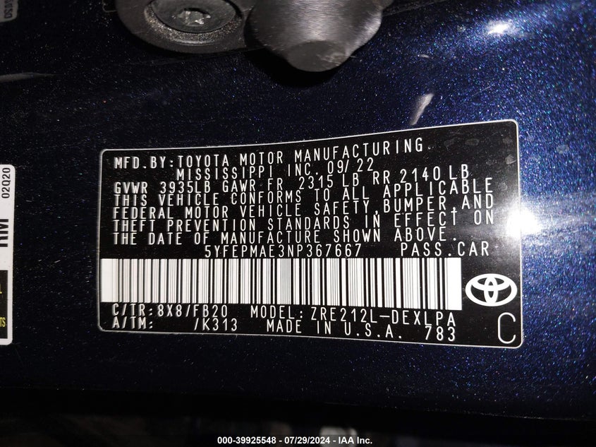 VIN 5YFEPMAE3NP367667 2022 TOYOTA COROLLA LE