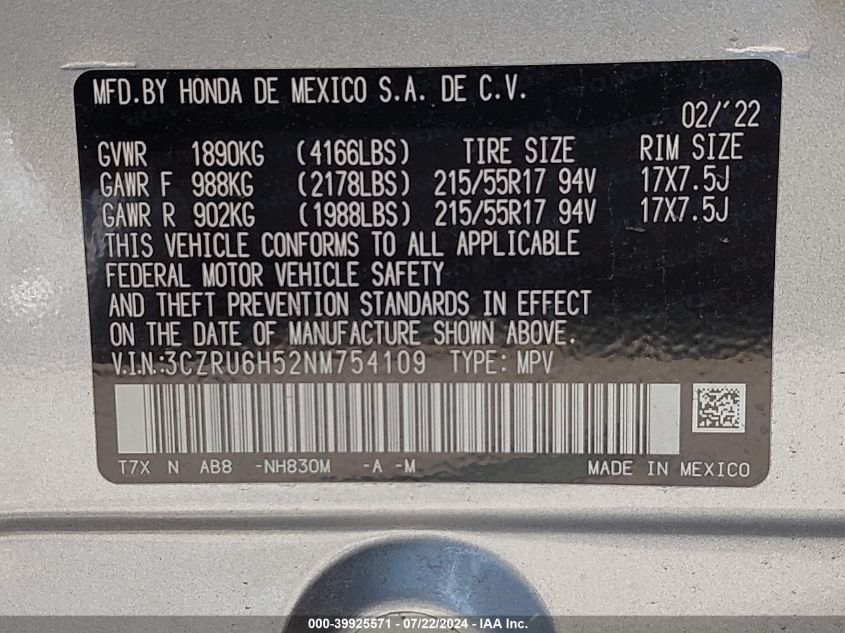 2022 Honda Hr-V Awd Ex VIN: 3CZRU6H52NM754109 Lot: 39925571