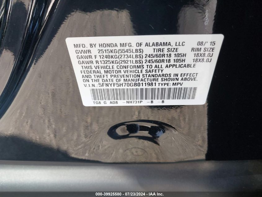 2016 Honda Pilot Exln VIN: 5FNYF5H70GB011981 Lot: 39925580