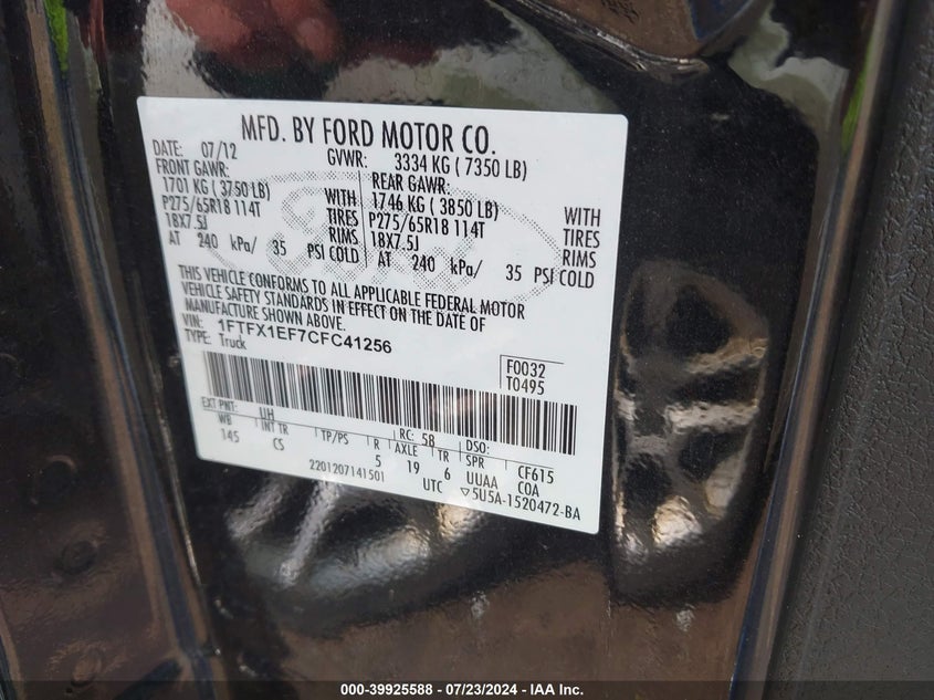 2012 Ford F-150 Stx VIN: 1FTFX1EF7CFC41256 Lot: 39925588