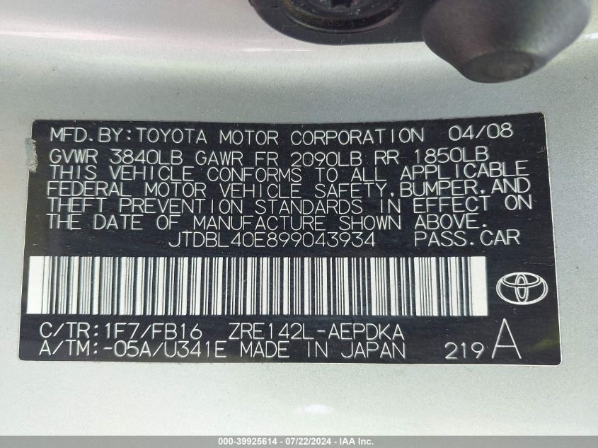 2009 Toyota Corolla Le VIN: JTDBL40E899043934 Lot: 39925614