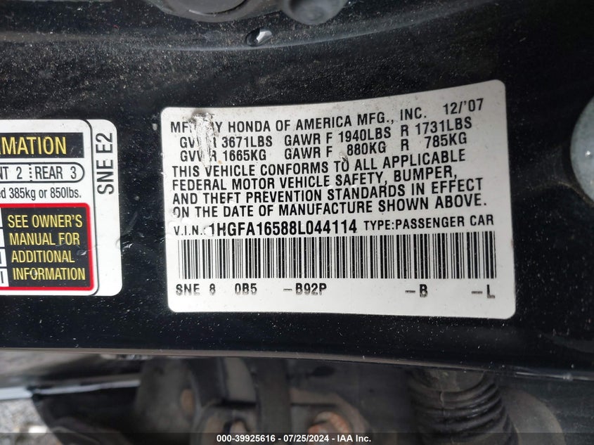 2008 Honda Civic Sdn Lx VIN: 1HGFA16588L044114 Lot: 39925616