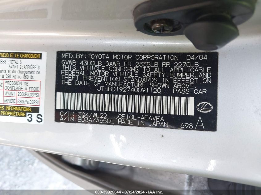 2004 Lexus Is 300 VIN: JTHBD192740091120 Lot: 39925644