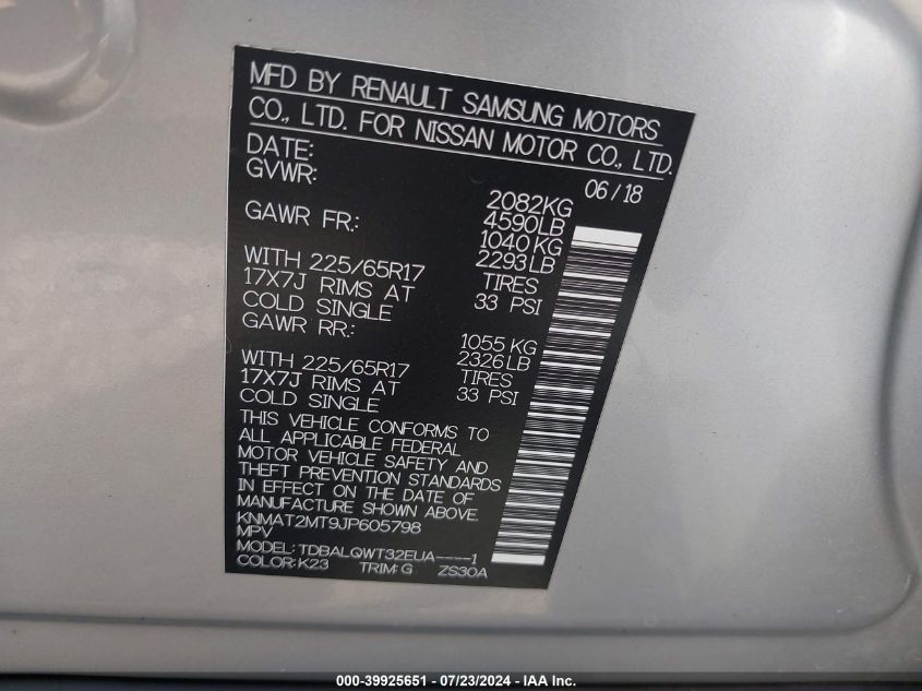 2018 Nissan Rogue Sv VIN: KNMAT2MT9JP605798 Lot: 39925651