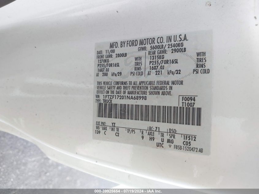 2001 Ford F-150 Xl/Xlt VIN: 1FTZF17201NA68998 Lot: 39925654