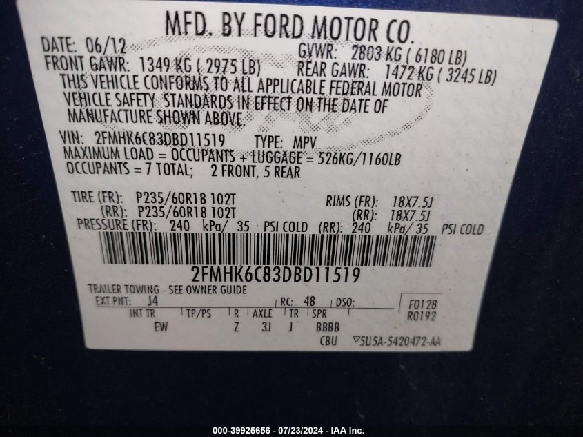 2013 Ford Flex Sel VIN: 2FMHK6C83DBD11519 Lot: 39925656