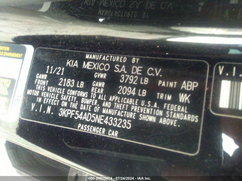 2022 Kia Forte Gt-Line VIN: 3KPF54AD5NE433235 Lot: 39925674