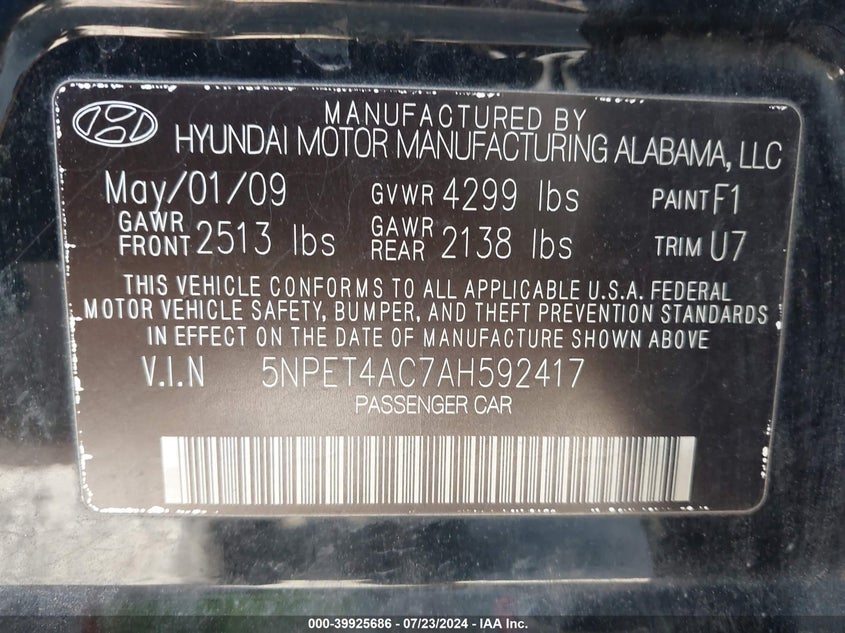 2010 Hyundai Sonata Gls VIN: 5NPET4AC7AH592417 Lot: 39925686