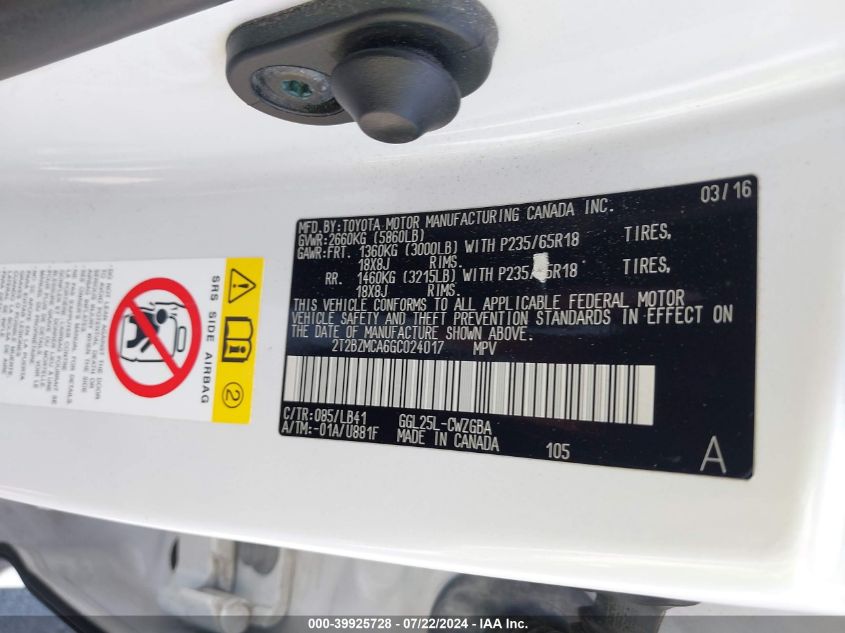 2016 Lexus Rx 350 VIN: 2T2BZMCA6GC024017 Lot: 39925728