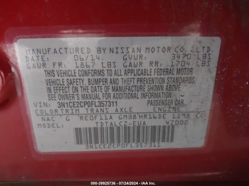 2015 Nissan Versa Note S Plus VIN: 3N1CE2CP0FL357311 Lot: 39925736