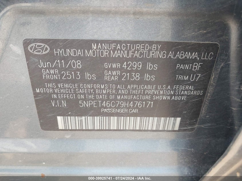 2009 Hyundai Sonata Gls VIN: 5NPET46C79H476171 Lot: 39925741