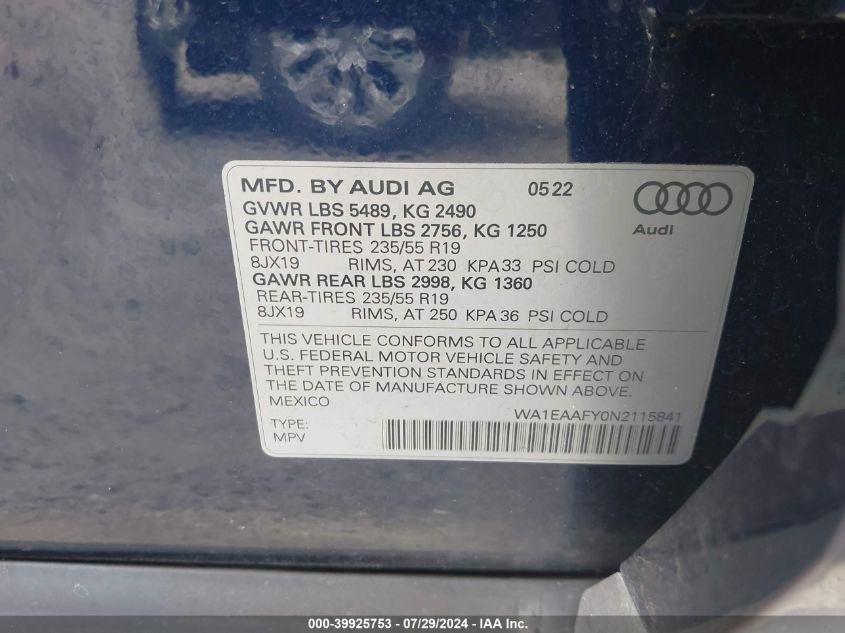 2022 Audi Q5 Premium Plus 45 Tfsi S Line Quattro S Tronic VIN: WA1EAAFY0N2115841 Lot: 39925753