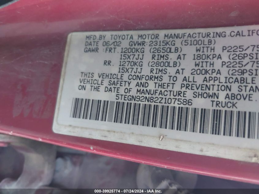 2002 Toyota Tacoma Prerunner V6 VIN: 5TEGN92N82Z107586 Lot: 39925774