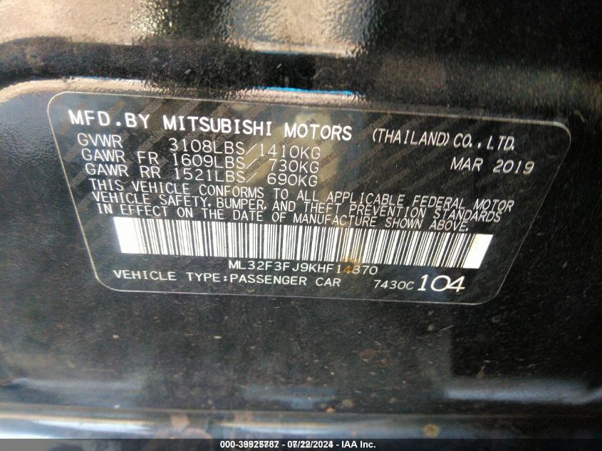 ML32F3FJ9KHF14870 2019 Mitsubishi Mirage G4 Es