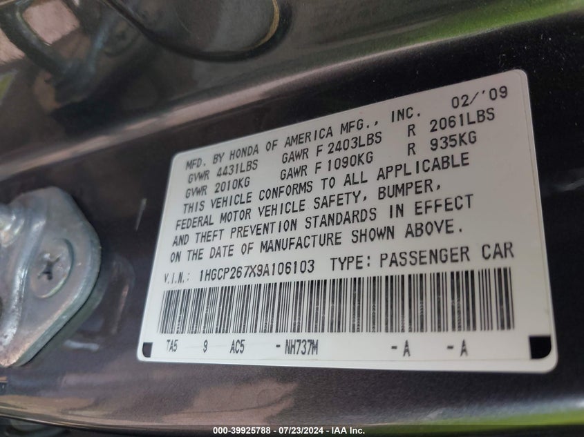 2009 Honda Accord Ex VIN: 1HGCP267X9A106103 Lot: 39925788
