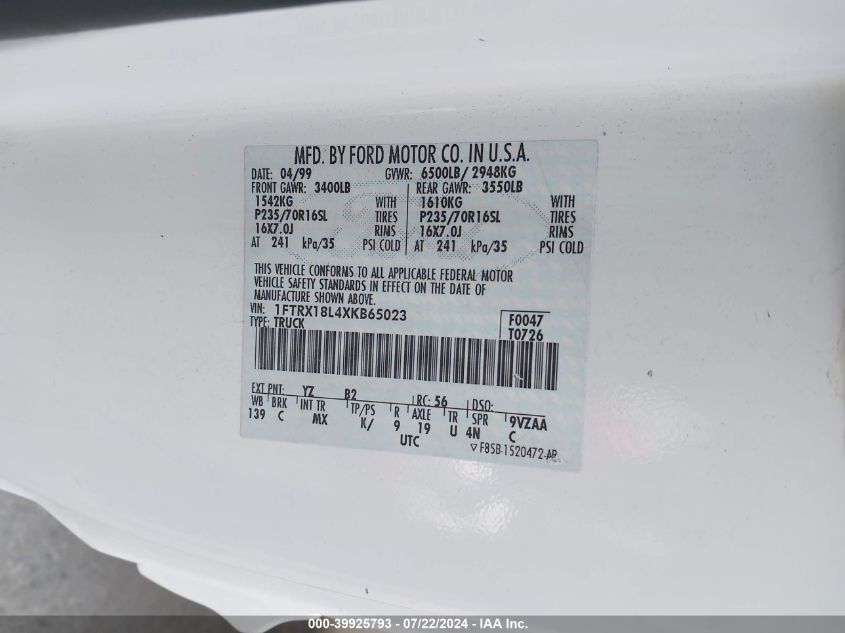 1999 Ford F-150 Lariat/Xl/Xlt VIN: 1FTRX18L4XKB65023 Lot: 39925793