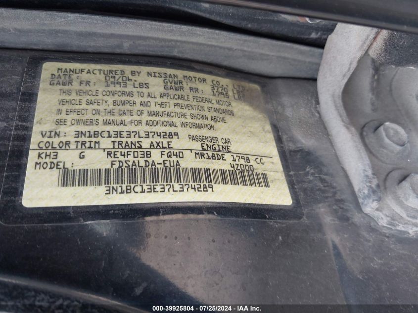 2007 Nissan Versa 1.8S VIN: 3N1BC13E37L374289 Lot: 39925804