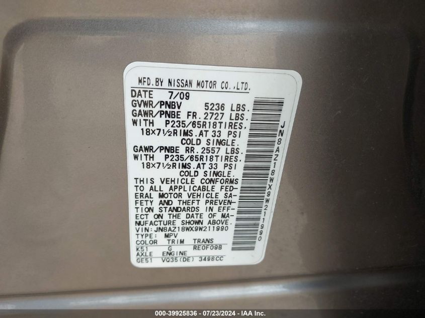 2009 Nissan Murano S/Sl/Le VIN: JN8AZ18WX9W211990 Lot: 39925836