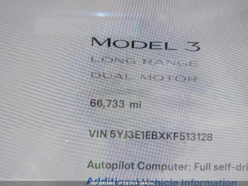 2019 TESLA MODEL 3 LONG RANGE/PERFORMANCE - 5YJ3E1EBXKF513128