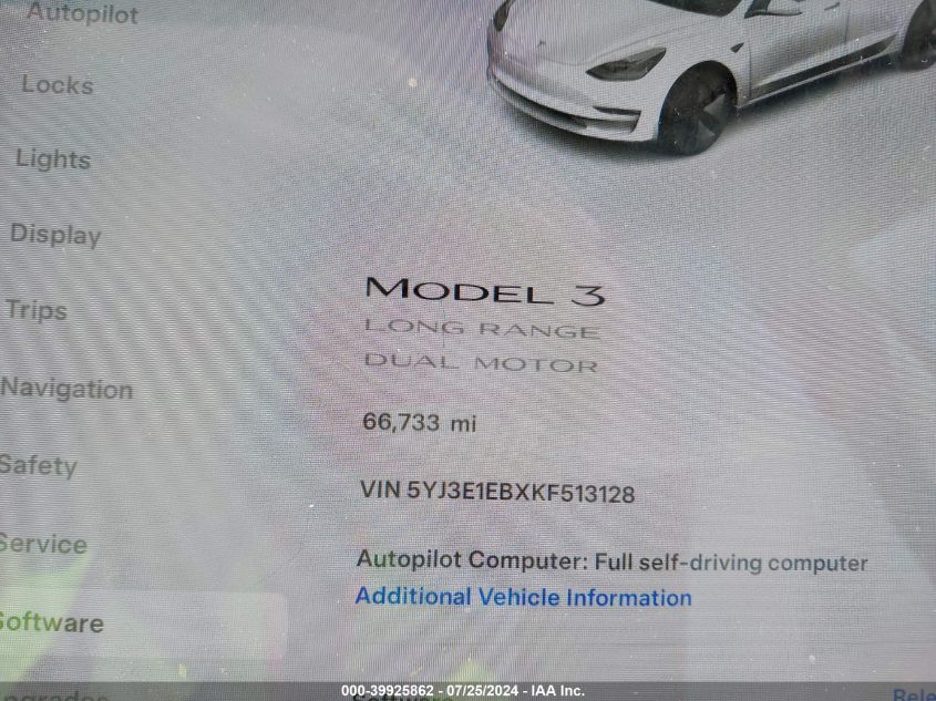 2019 TESLA MODEL 3 LONG RANGE/PERFORMANCE - 5YJ3E1EBXKF513128