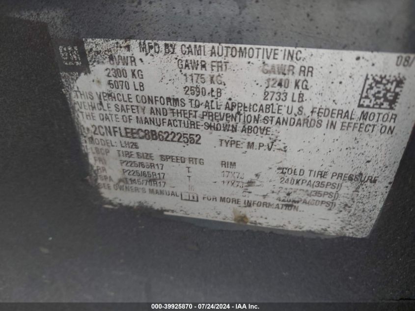 2011 Chevrolet Equinox 1Lt VIN: 2CNFLEEC8B6222552 Lot: 39925870