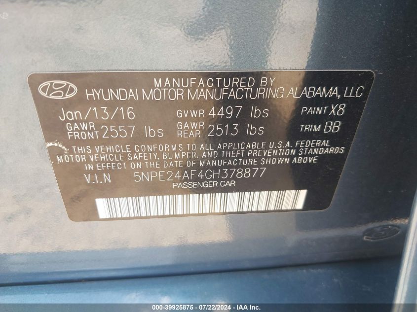 2016 Hyundai Sonata Se VIN: 5NPE24AF4GH378877 Lot: 39925875