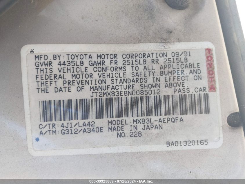 1992 Toyota Cressida Luxury VIN: JT2MX83E8N0085012 Lot: 39925889