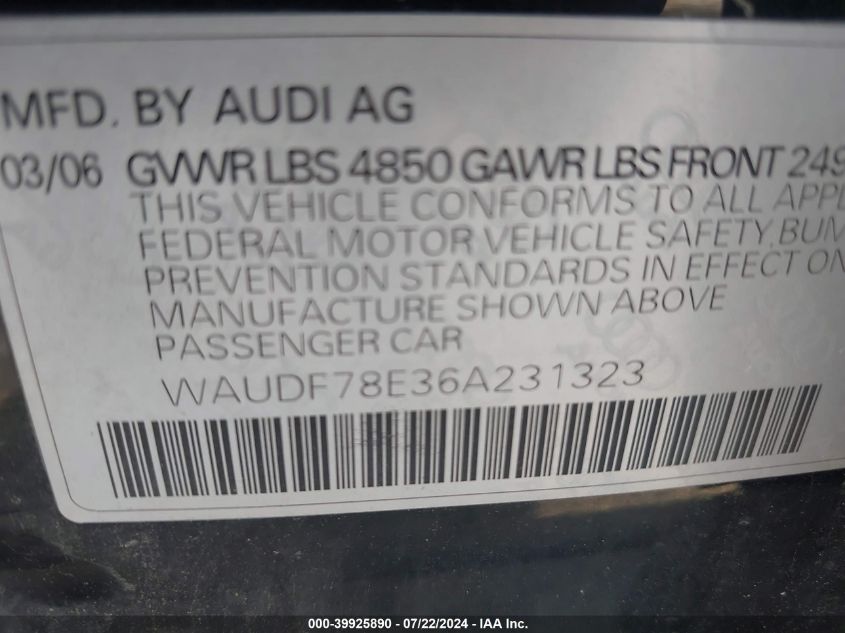 WAUDF78E36A231323 2006 Audi A4 2.0T