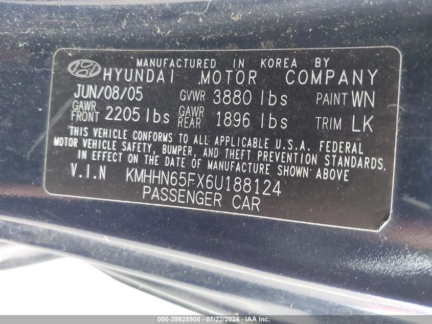 2006 Hyundai Tiburon Gt/Gt Limited/Se VIN: KMHHN65FX6U188124 Lot: 39925905