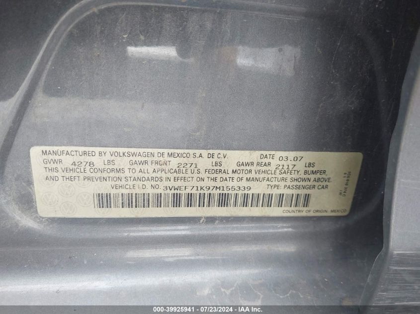 2007 Volkswagen Jetta Wolfsburg VIN: 3VWEF71K97M155339 Lot: 39925941