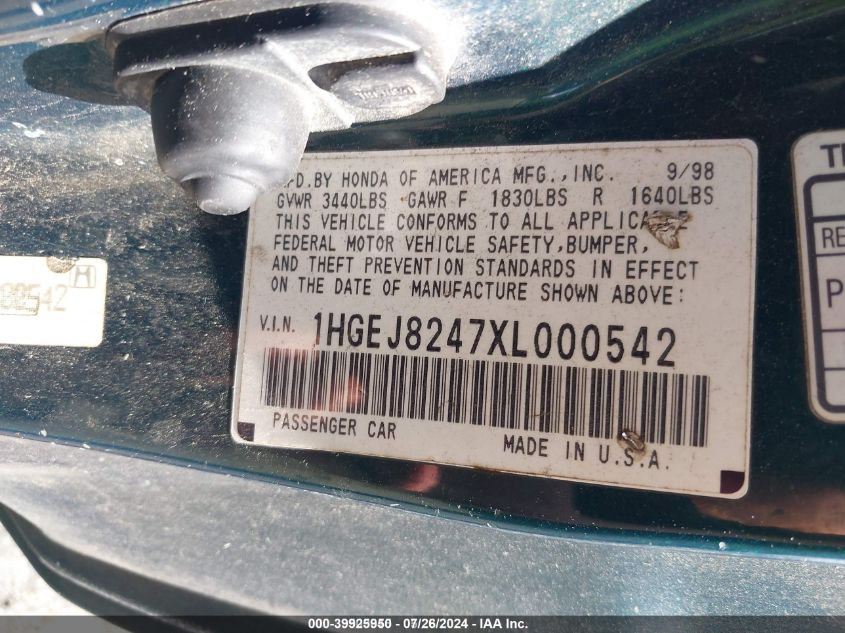 1HGEJ8247XL000542 1999 Honda Civic Ex