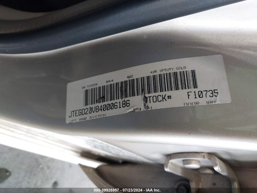 2004 Toyota Rav4 VIN: JTEGD20V840006186 Lot: 39925957
