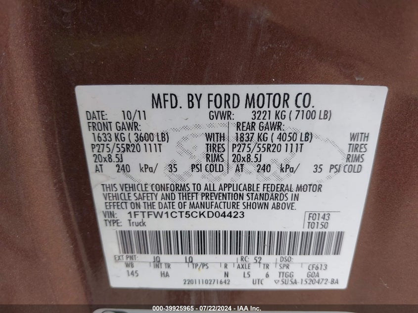 2012 Ford F-150 Lariat VIN: 1FTFW1CT5CKD04423 Lot: 39925965