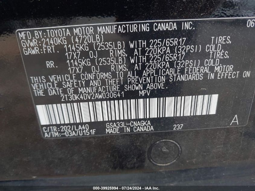 2010 Toyota Rav4 Limited V6 VIN: 2T3DK4DV2AW030641 Lot: 39925994