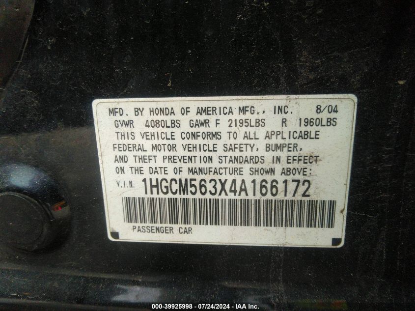 2004 Honda Accord 2.4 Lx VIN: 1HGCM563X4A166172 Lot: 39925998