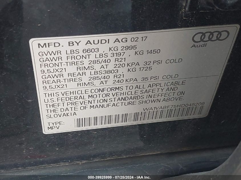 2017 Audi Q7 3.0T Premium VIN: WA1VABF75HD045209 Lot: 39925999