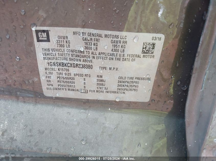 2016 Chevrolet Tahoe Lt VIN: 1GNSKBKCXGR338380 Lot: 39926015