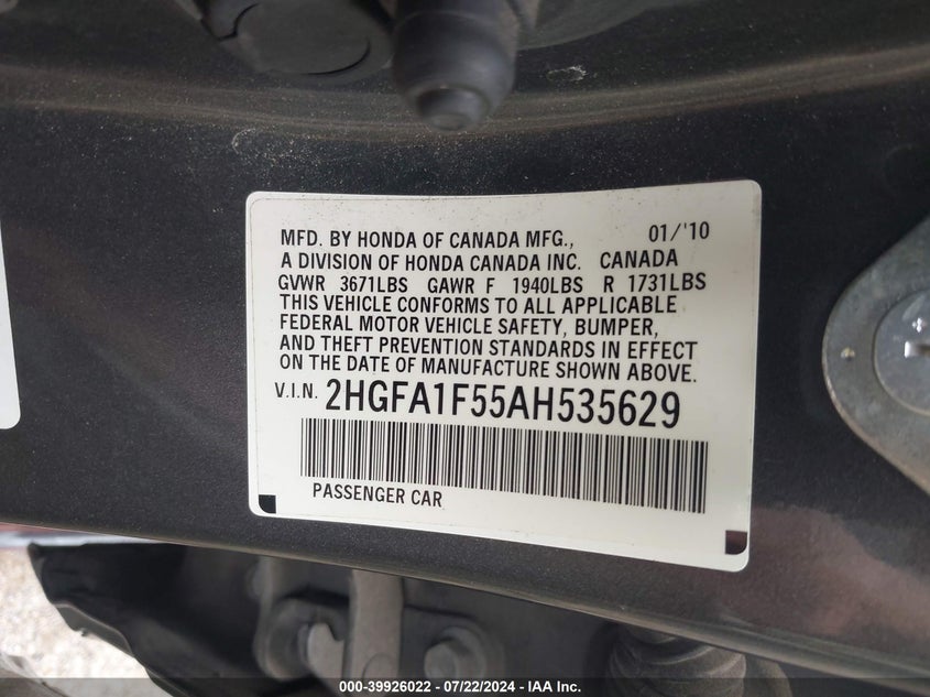 2010 Honda Civic Lx VIN: 2HGFA1F55AH535629 Lot: 39926022