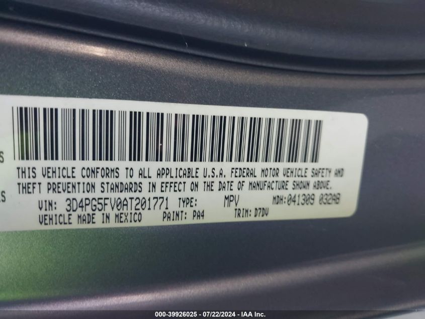 2010 Dodge Journey Sxt VIN: 3D4PG5FV0AT201771 Lot: 39926025