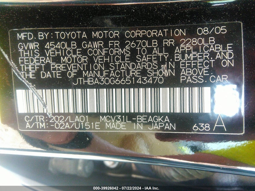 2006 Lexus Es 330 VIN: JTHBA30G665143470 Lot: 39926042