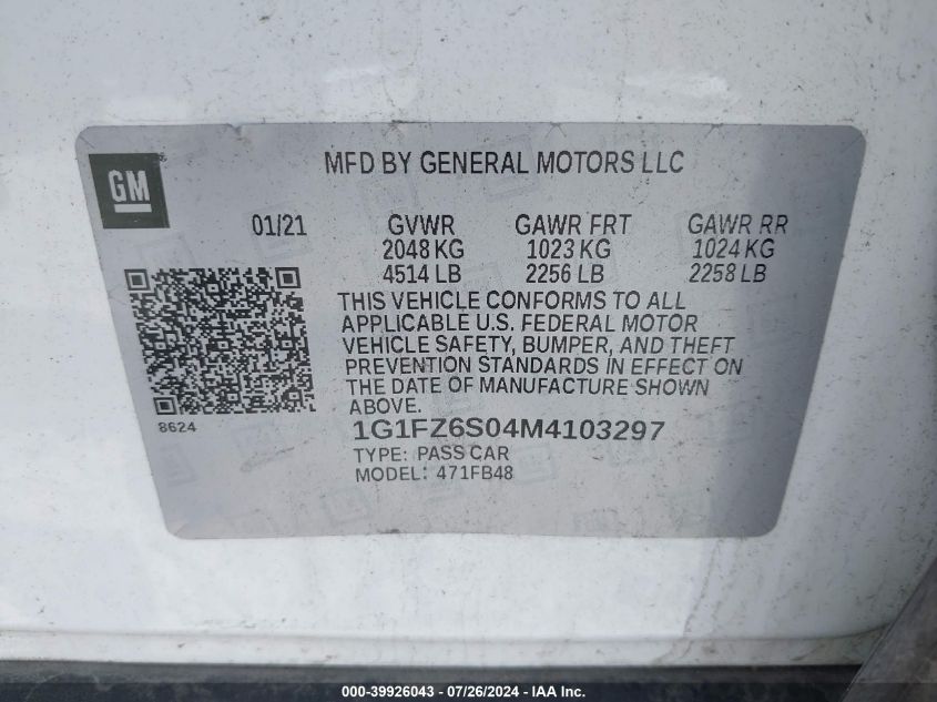 2021 Chevrolet Bolt Ev Fwd Premier VIN: 1G1FZ6S04M4103297 Lot: 39926043