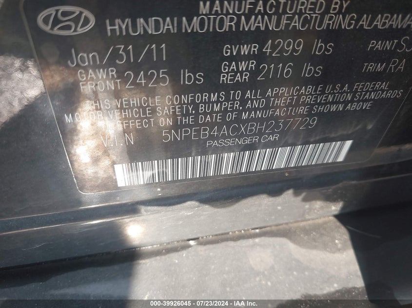 2011 Hyundai Sonata Gls VIN: 5NPEB4ACXBH237729 Lot: 39926045