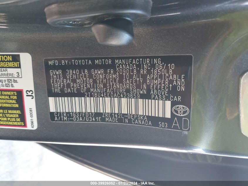 2010 Toyota Corolla S VIN: 2T1BU4EE0AC423659 Lot: 39926052